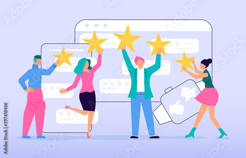 Tiny people with stars giving their choice for feedback vector concept. Customer review and satisfaction rating metaphor illustration