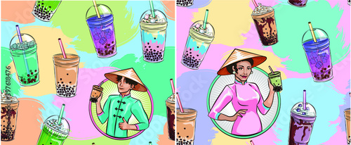 set of patterns with Asian drinks, Famous and popular Taiwanese drink with black tapioca pearls. Young man drinks bubble milk tea or pearl milk tea. Bubble tea seamless pattern.