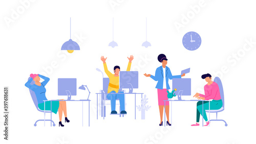 Diversity Office workers sitting on the office table and working on computers in coworking center vector concept. Colleagues or clerks at workplace on white background illustration