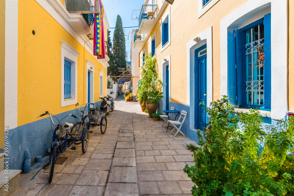 Colorful street view of Symi Island in Greece