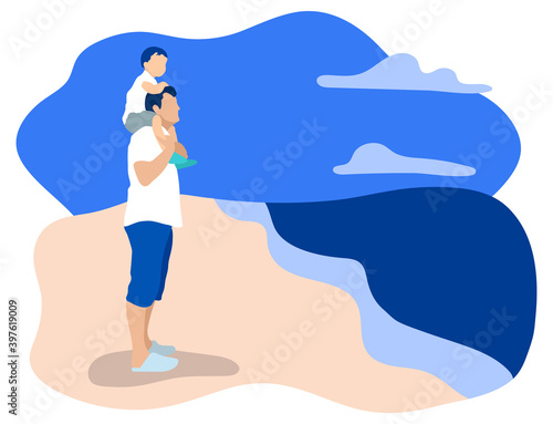 Dad holds his little son on his shoulders on the sea shore against sea and sky. Flat vector illustration. The concept of fatherhood. 