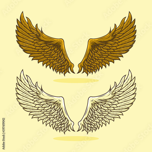 Set of gold wings detailed vector illustration design