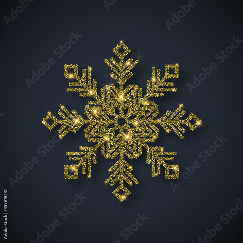 Gold glitter textured snowflake icon on black background. Vector Shiny Christmas, New year and winter symbol.