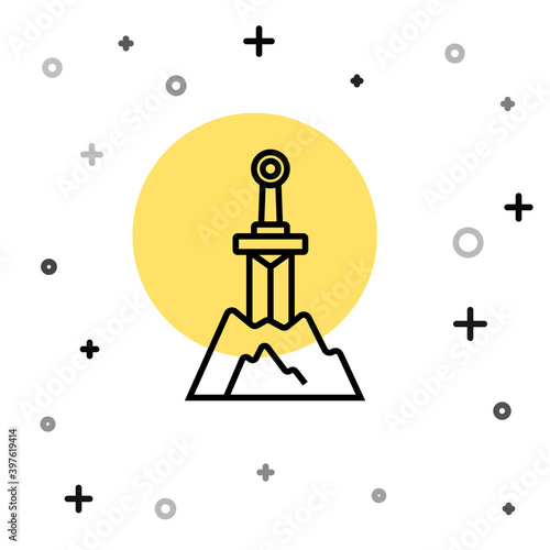 Black line Sword in the stone icon isolated on white background. Excalibur the sword in the stone from the Arthurian legends. Random dynamic shapes. Vector.
