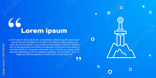 White line Sword in the stone icon isolated on blue background. Excalibur the sword in the stone from the Arthurian legends. Vector.