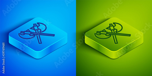 Isometric line Crossed medieval axes icon isolated on blue and green background. Battle axe, executioner axe. Medieval weapon. Square button. Vector.