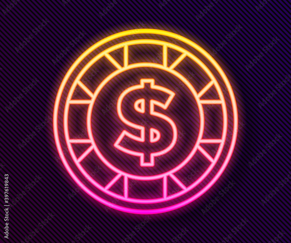 Glowing neon line Casino chip with dollar symbol icon isolated on black background. Casino gambling. Vector. Glowing neon line Casino chip with dollar symbol icon isolated on black background. Casino gambling. Vector.
