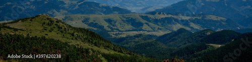 Panorama of Carpathian mountains in summer sunny day. Beauty world. Large resolution