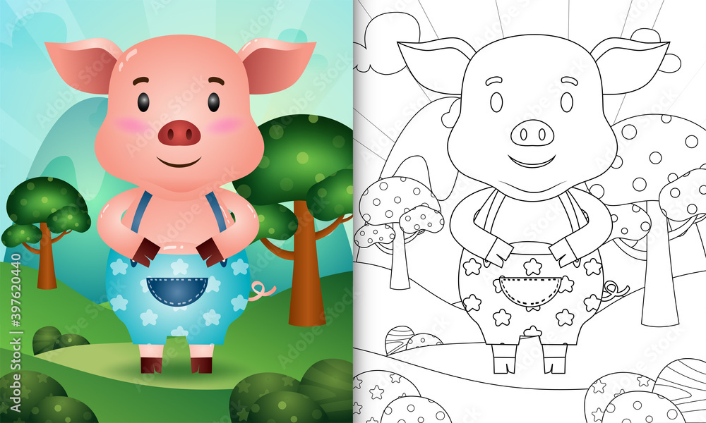 Fototapeta premium coloring book for kids with a cute pig character illustration