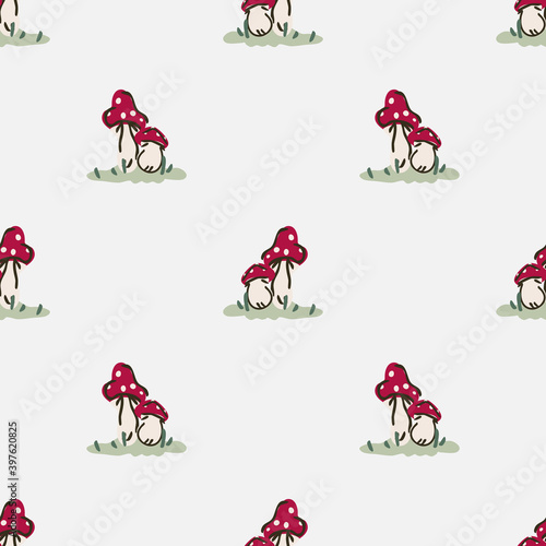 Cute gender neutral toadstool vector pattern. Fungi fly agaric home decor cartoon mushroom. Seamless boho poisonous mycology all over print. 