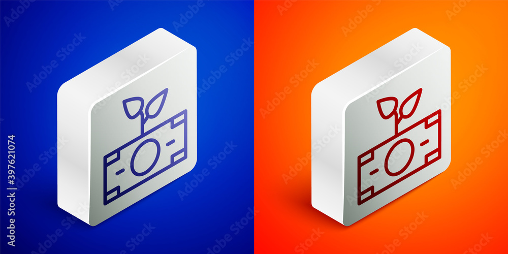 Isometric line Money plant in the pot icon isolated on blue and orange background. Business investment growth concept. Money savings and investment. Silver square button. Vector. Isometric line Money plant in the pot icon isolated on blue and orange background. Business investment growth concept. Money savings and investment. Silver square button. Vector.