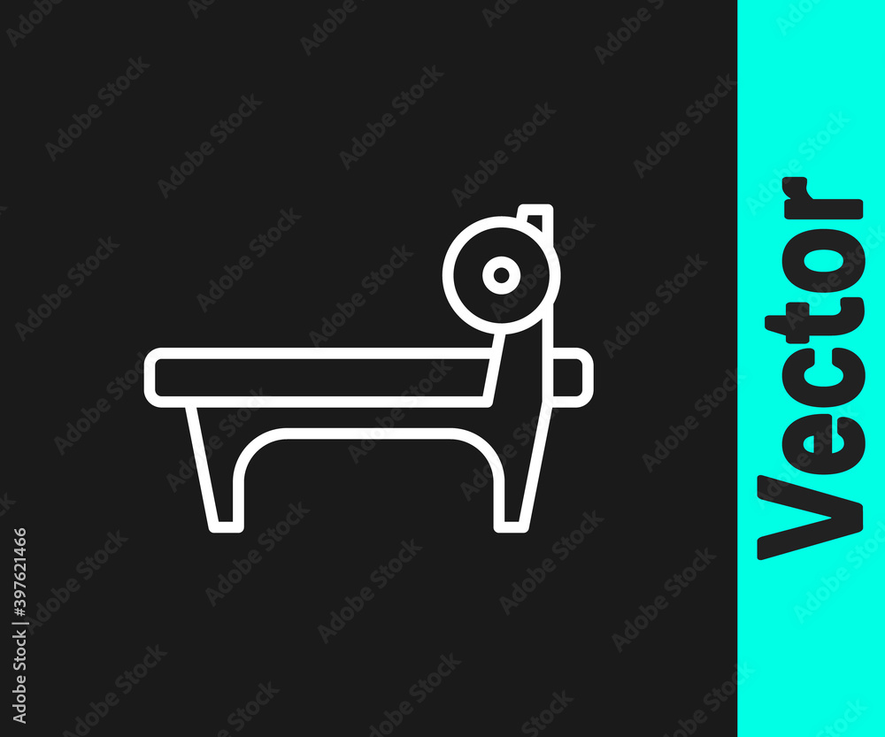 White line Bench with barbel icon isolated on black background. Gym equipment. Bodybuilding, powerlifting, fitness concept. Vector. White line Bench with barbel icon isolated on black background. Gym equipment. Bodybuilding, powerlifting, fitness concept. Vector.