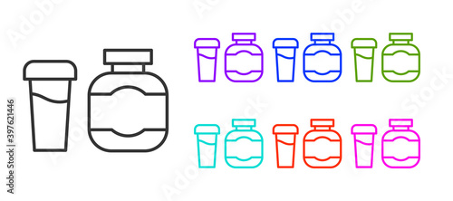 Black line Sports nutrition bodybuilding proteine power drink and food icon isolated on white background. Set icons colorful. Vector.