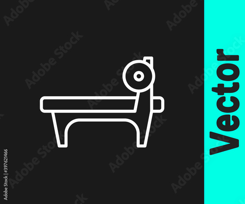 White line Bench with barbel icon isolated on black background. Gym equipment. Bodybuilding, powerlifting, fitness concept. Vector.