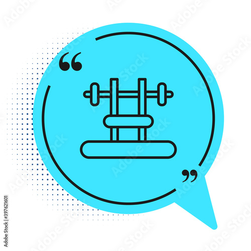Black line Bench with barbel icon isolated on white background. Gym equipment. Bodybuilding, powerlifting, fitness concept. Blue speech bubble symbol. Vector.
