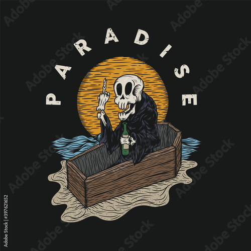 Illustration of skeleton in wood casket detailed vector design