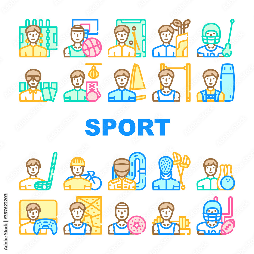 Male Sport Activities Collection Icons Set Vector