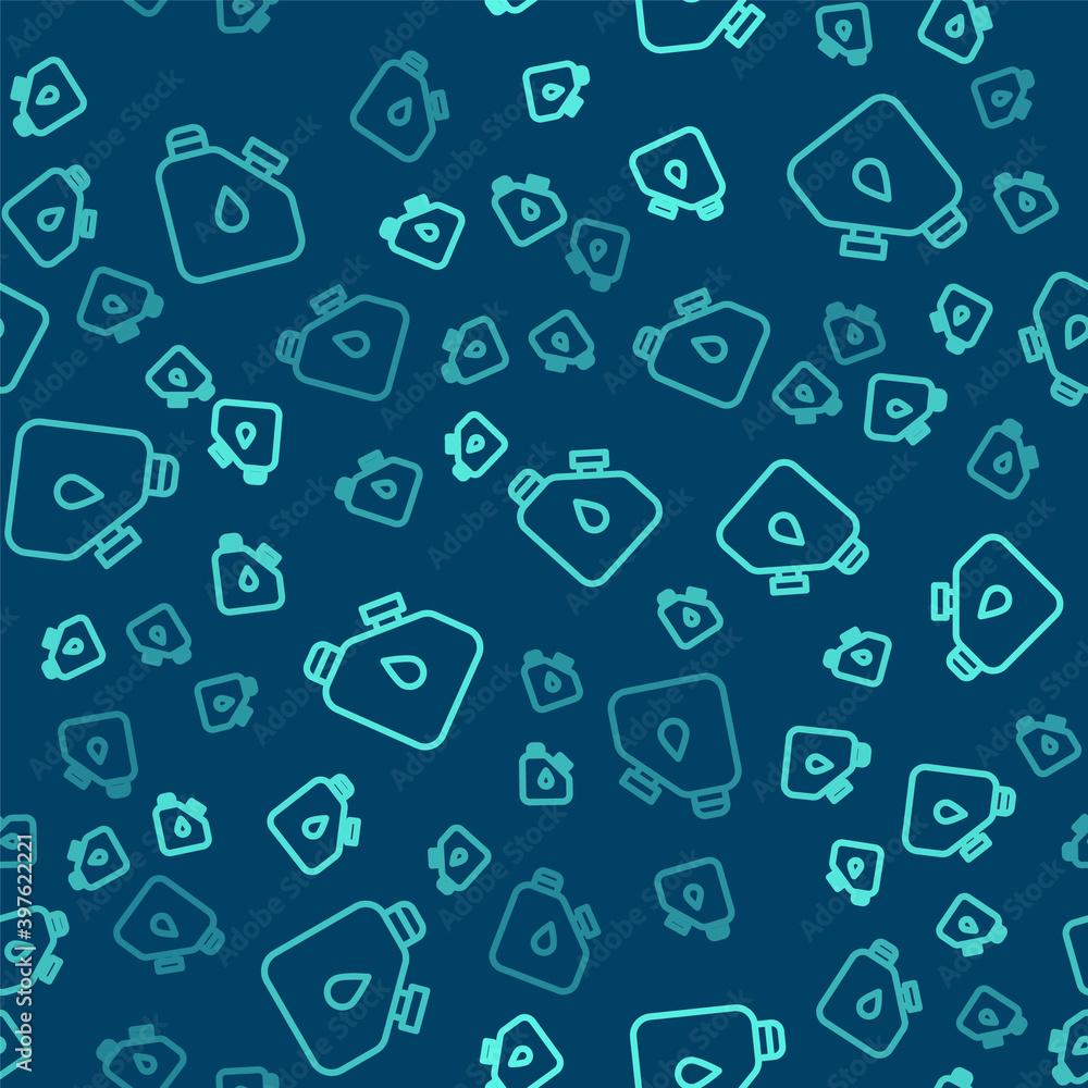 Green line Canister for flammable liquids icon isolated seamless pattern on blue background. Oil or biofuel, explosive chemicals, dangerous substances. Vector. Green line Canister for flammable liquids icon isolated seamless pattern on blue background. Oil or biofuel, explosive chemicals, dangerous substances. Vector.