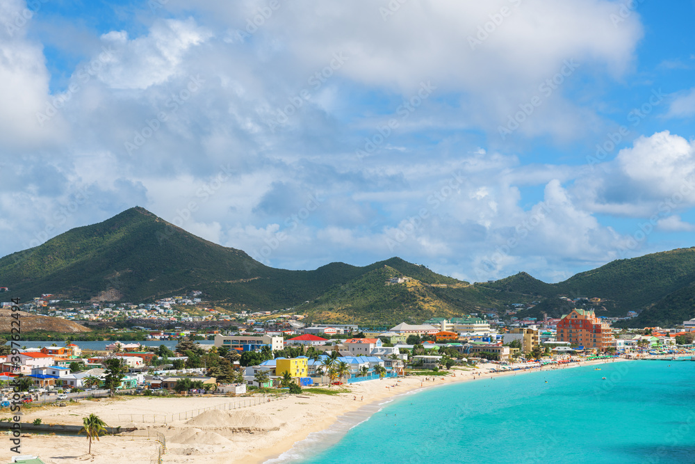 Philipsburg, Sint Maarten overlooking the Beach in the Caribbean.