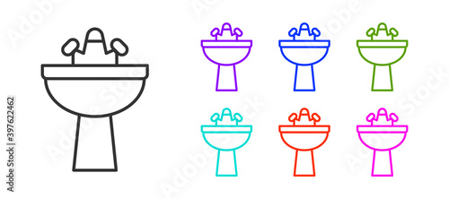 Black line Washbasin with water tap icon isolated on white background. Set icons colorful. Vector.