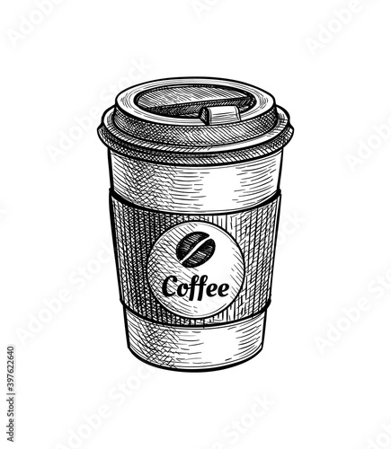 Ink sketch of paper cup with coffee.