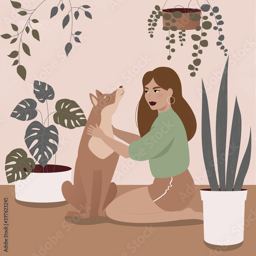 Female with dog shape and silhouette on retro summer background. Fashion women portraits in pastel colors.