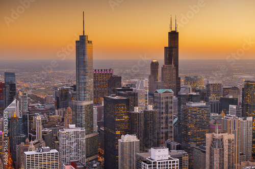 Chicago  Illinois  USA aerial cityscape towards Lake Michigan