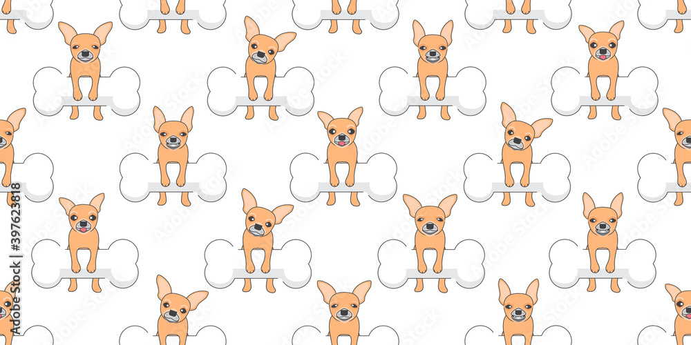 Dog seamless pattern, Chihuahua and big dog bone toy on white background.