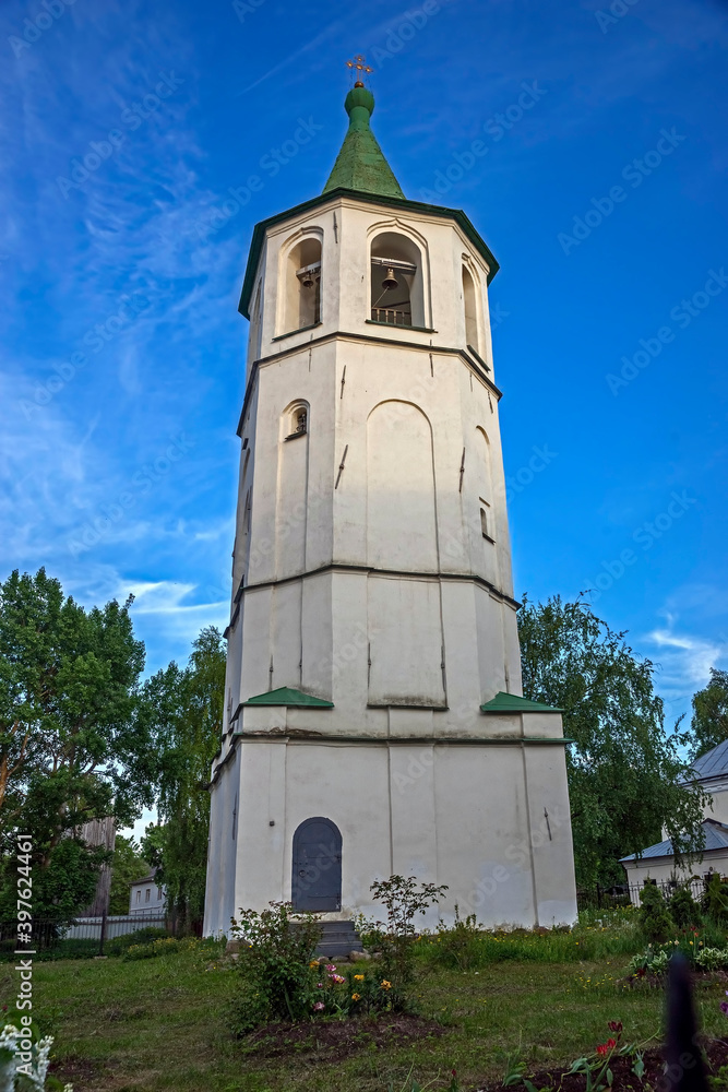 Bell tower of St. Demetrius church. City of Novgorod, Russia