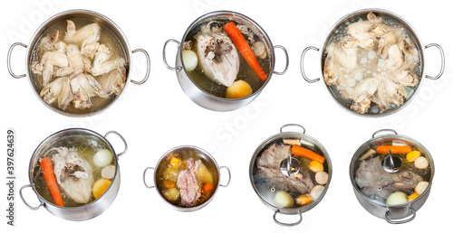 set of cooking broth in stewpots isolated on white background