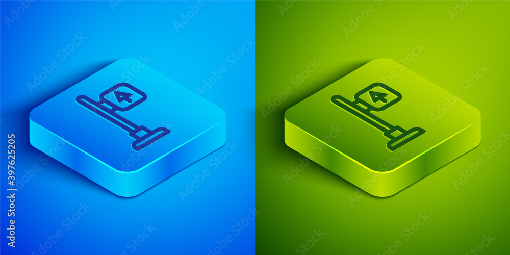 Isometric line Road traffic sign. Signpost icon isolated on blue and green background. Pointer symbol. Street information sign. Direction sign. Square button. Vector. Isometric line Road traffic sign. Signpost icon isolated on blue and green background. Pointer symbol. Street information sign. Direction sign. Square button. Vector.