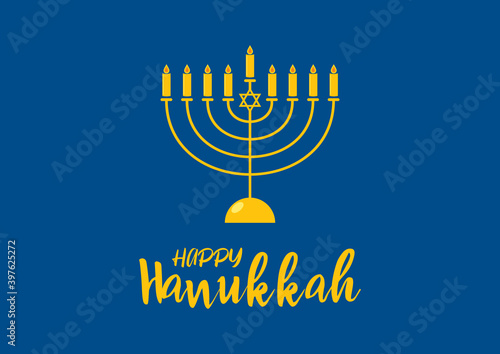 Happy Hanukkah Poster with golden menorah vector illustration. Golden candlestick on a blue background. Happy Hanukkah greeting card with menorah vector. Jewish holiday Hanukkah. Important day