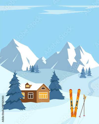 Snow winter landscape with ski.
