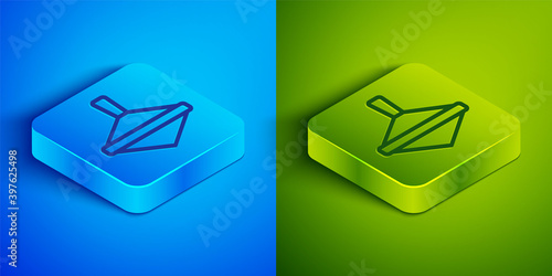 Isometric line Whirligig toy icon isolated on blue and green background. Square button. Vector.