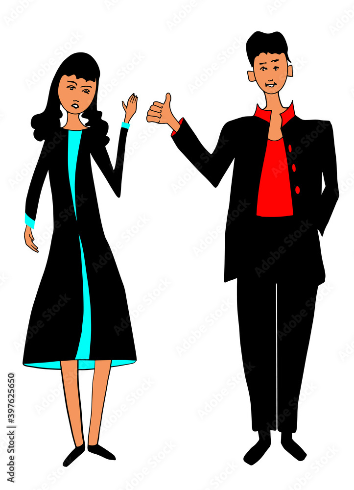 Two business people man and woman standing. Hand drawn flat vector. Two business people man and woman standing. Hand drawn flat vector.