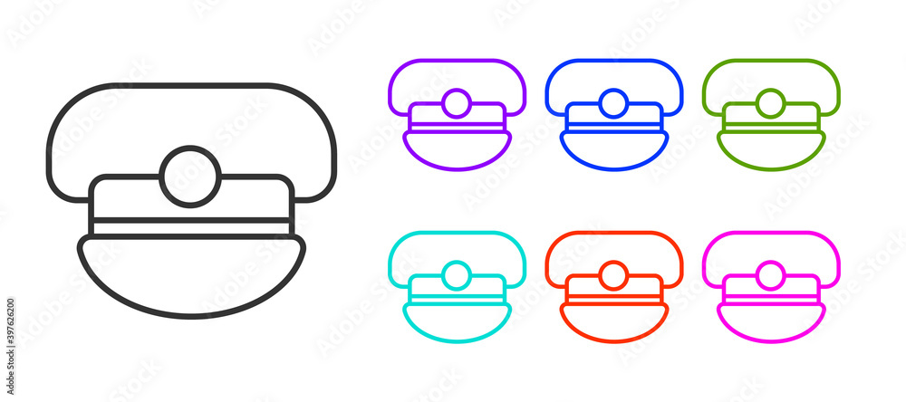 Black line Captain hat icon isolated on white background. Set icons colorful. Vector. Black line Captain hat icon isolated on white background. Set icons colorful. Vector.