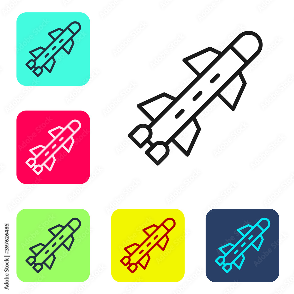 Black line Rocket icon isolated on white background. Set icons in color square buttons. Vector.