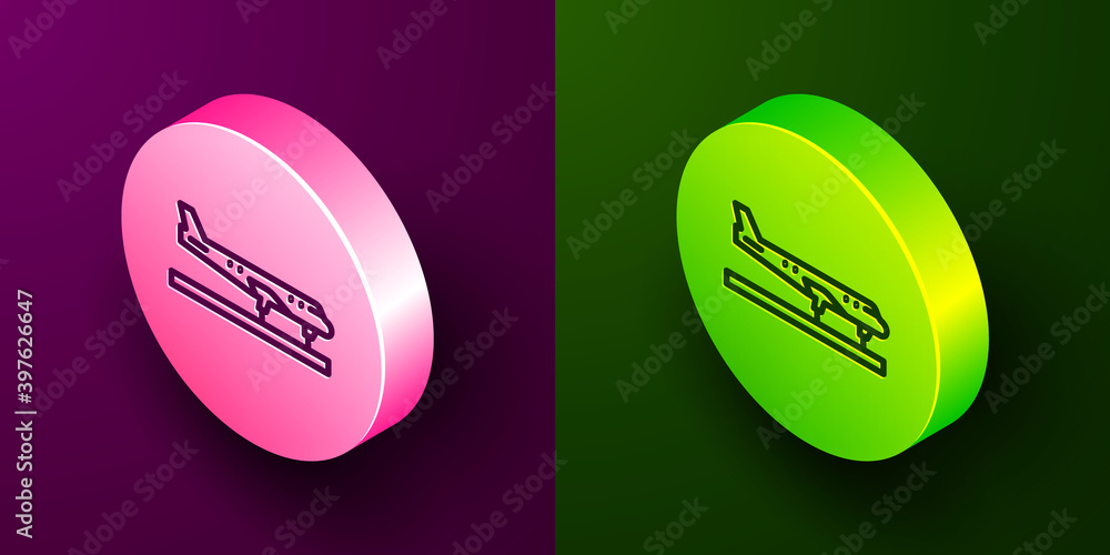 Isometric line Plane icon isolated on purple and green background. Flying airplane icon. Airliner sign. Circle button. Vector. Isometric line Plane icon isolated on purple and green background. Flying airplane icon. Airliner sign. Circle button. Vector.