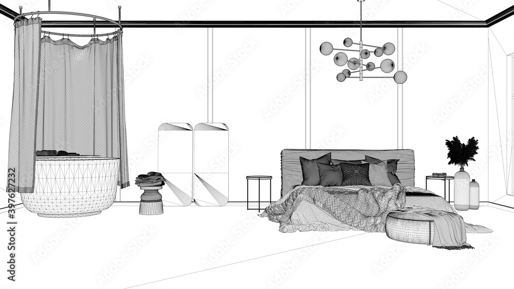 Fototapeta premium Blueprint project draft, classic background with copy space: empty bedroom and bathroom with bathtub, double bed with blanket, linens, pillows. Home and hotel interior design concept