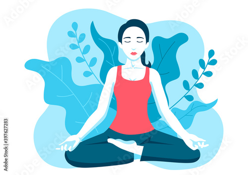Woman doing yoga with leaves decoration