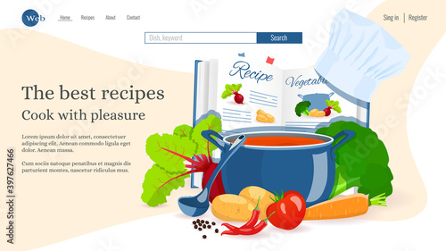 Website design, Recipe book, Pan with soup, Vegetables . Recipes, homemade food, food preparation, learning concept. Vector illustration for poster, banner, website development.