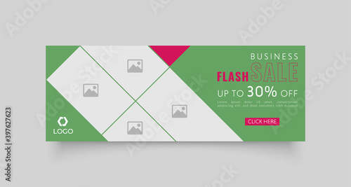 Flash sale facebook cover page timeline web ad banner template with photo place modern layout green background and pink white shape and text design