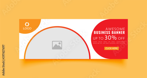 sale facebook cover page timeline web ad banner template with photo place modern layout white background and orange shape and text design