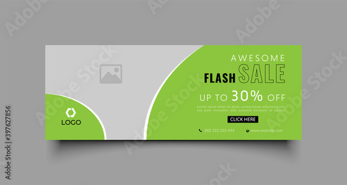Flash sale facebook cover page timeline web ad banner template with photo place modern layout green background and black white shape and text design