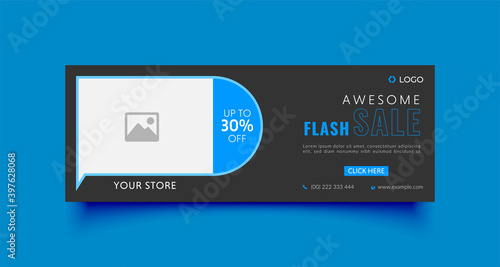 Flash sale facebook cover page timeline web ad banner template with photo place modern layout black background and cyan shape and text design