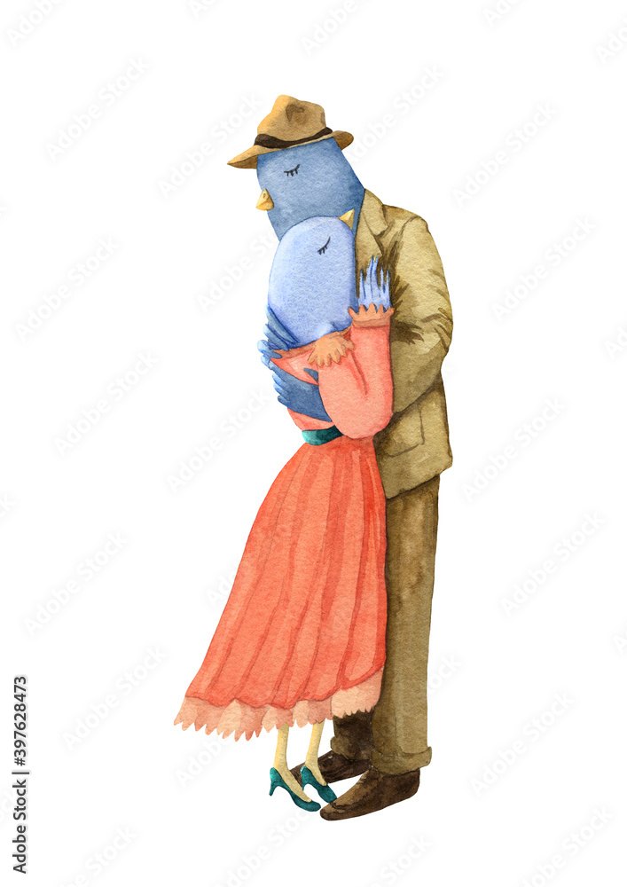 Watercolor beautiful birds couple hugs each other for valentine day. Romantic drawing with an animal in 1950s style.