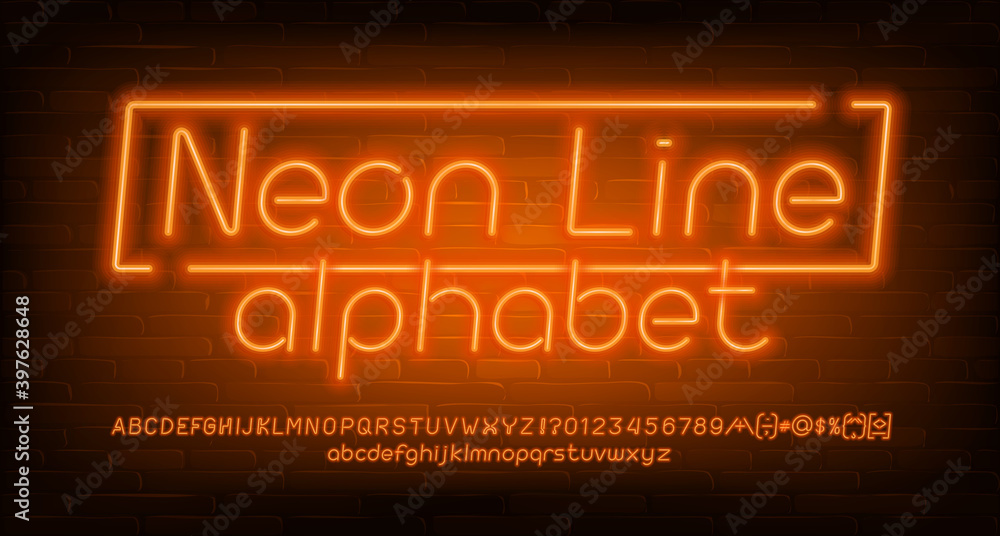 Neon Line alphabet font. Orange neon light letters, numbers and symbols. Brick wall background. Stock vector typescript for your design.