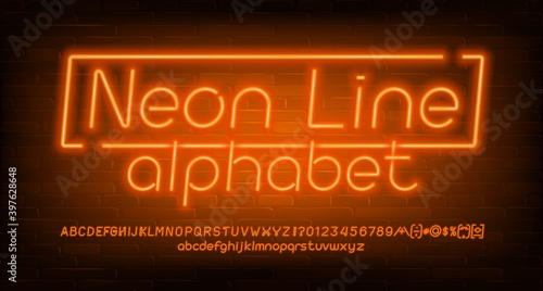 Neon Line alphabet font. Orange neon light letters, numbers and symbols. Brick wall background. Stock vector typescript for your design.