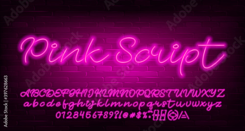 Pink Script alphabet font. Pink neon light letters, numbers and symbols. Brick wall background. Stock vector typescript for your design.