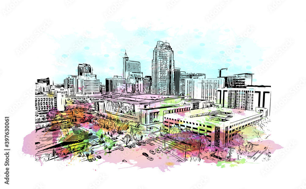 Building view with landmark of Raleigh is the capital city of North Carolina. Watercolour splash with hand drawn sketch illustration in vector.